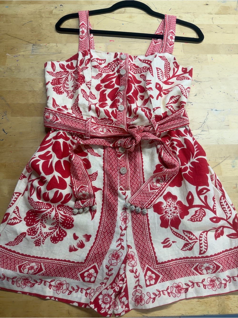 Rachel Zoe Red Floral Button-Front Romper with Waist Tie